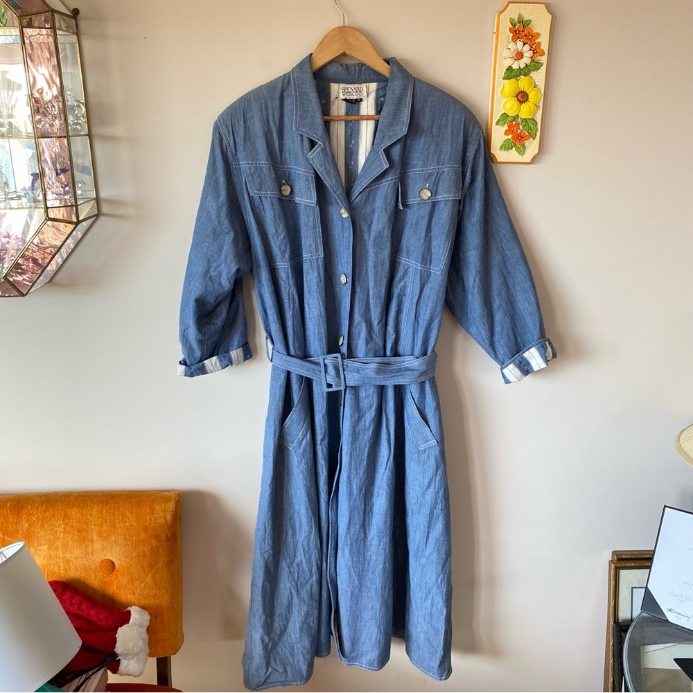 Vintage Denim Winter Trench Coat with Belt and Double Lining Cotton